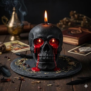 May include: A black skull-shaped candle with red wax dripping from the eye sockets, resembling tears. A lit wick sits atop the skull, and the candle is placed on a dark, round plate. The background includes tarot cards and dried herbs.