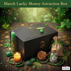 May include: A black wooden box with Celtic knotwork, a green candle, and a small glass jar with a cork top. The box is surrounded by green beads, shamrocks, and gold coins. The text "March Lucky Money Attraction Box" is at the top.