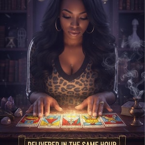 Op de afbeelding: Een afbeelding die een algemene tarotlezing promoot. De tekst luidt "GENERAL TAROT READING OFFERING: EXTREMELY DETAILED" en "DELIVERED IN THE SAME HOUR VIA PDF. INCREDIABLY DETAILED." Een persoon zit aan een tafel met tarotkaarten.