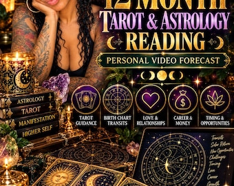 May include: A digital advertisement for a 12 Month Tarot & Astrology Reading featuring a person with glasses, tarot cards, crystals, and a laptop displaying astrological charts. Text includes Moonlit Muva132, 10 Minute Personal Video Reading, and 5 Star Reader.