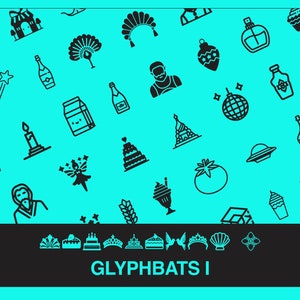 May include: A teal blue background with black icons of various objects, including a cake, a bottle of champagne, a candle, a disco ball, a crown, a tomato, a fairy, a bottle of wine, a bottle of perfume, a star, a castle, a feather fan, a man with a beard, a glass of ice cream, a box of milk, a wheat stalk, a spaceship, a Christmas ornament, a crown, a seashell, a flower, and a bird. The text "GLYPHBATS I" is at the bottom of the image.