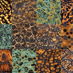 May include: A collage of 10 different seamless tortoise shell patterns in various shades of brown, black, green, and blue. The patterns are arranged in a grid and the text "Tortoiseshell Seamless Repeats" is centred at the bottom.