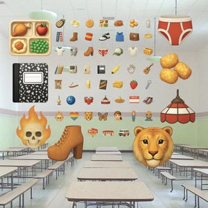 May include: A classroom setting with a variety of colorful emojis on the walls. The emojis include a skull on fire, a high-heeled shoe, a tiger, a lamp, and a notebook. There are also several tables and chairs in the room.