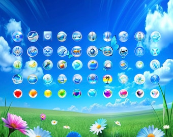 Frutiger Aero Emoji Set - 50 Icons for y2k Vibes - Transparent .png Files - Instant Download - 2000s Aesthetic