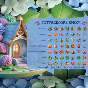 Pode incluir: Ilustração digital fantasiosa com uma casa de campo com telhado azul e emojis cottagecore. Os emojis incluem casas de campo, flores, amigos, frutas, vegetais e elementos da natureza. O texto diz "COTTAGECORE EMOJI" e "56 emoji! .png files! instant download!"