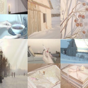 May include: A collage of images featuring a cup of tea, a wooden barn, a snowy landscape, a vintage car, a stack of books, and a branch with berries. The images are all in a soft, muted color palette.