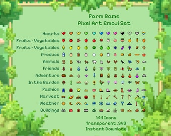 Farm Game Pixel Art Emoji Set - 144 Icons for Retro Gaming Vibes - Transparent .SVG Files - Instant Download - Cottagecore Icon Set 32 Bit