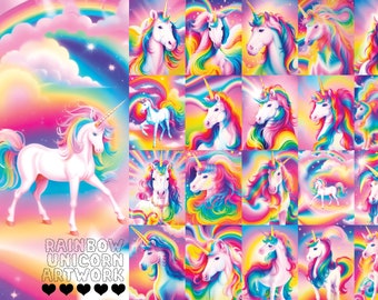 Rainbow Unicorn Artwork Bundle - Instant Download Digital Art of Beautiful Unicorns! Fantasy Artwork 80s 90s Nostalgic Neon Design