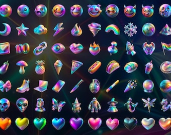 Holographic Emoji Set - 84 Icons for Holo Vibes - Transparent .png Files - Instant Download - Vaporwave Cyberpunk y2k