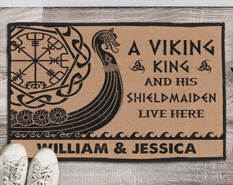 Custom Doormat Personalized A Viking King and His Shieldmaiden Live Here Doormat Welcome doormat Funny Doormat Viking Doormat