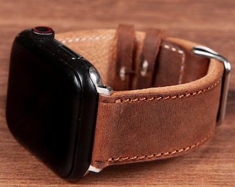 パーソナライズされたレザーApple Watchバンド：男性用ブラウンiWatchストラップ