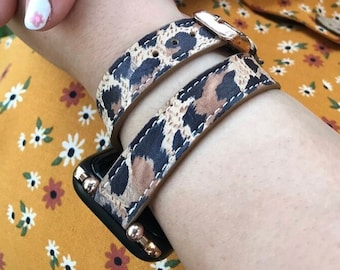 Leren Fitbit-band met luipaardprint: dubbele omslag