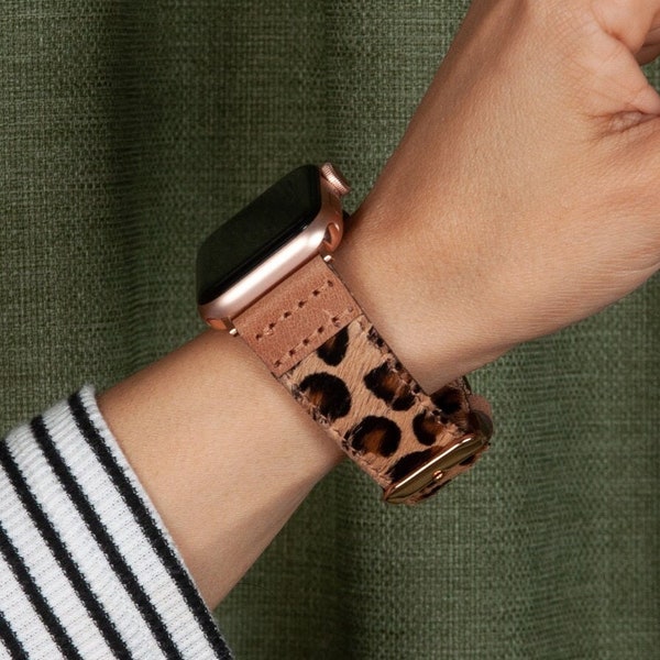 Leopard Apple Watch Band Femmes, Cuir Apple Watch Strap Série 9 8 7 6 5 SE Ultra, Furry Watch Band 45mm 44mm 42mm 41mm 40mm 38mm Sa maman