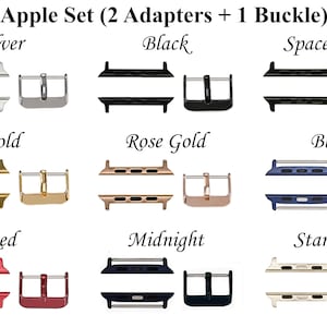 May include: Apple Watch band adapters and buckle in various colors, including silver, black, space gray, gold, rose gold, blue, red, midnight, and starlight.
