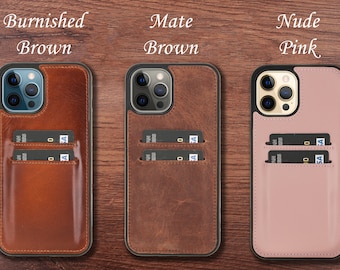 May include: Three iPhone cases with card slots. The cases are in three colors: burnished brown, mate brown, and nude pink.