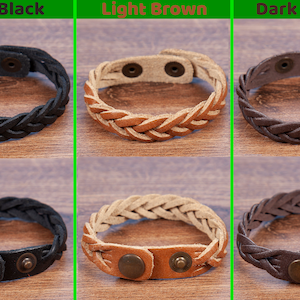 May include: Three braided leather bracelets with adjustable snap closures. The bracelets are shown in three colors: coal black, light brown, and dark brown.