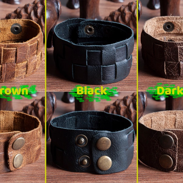 Cuff Leather Bracelet for Men and Women, Genuine Leather Double Braided Adjustable Wristband for Him and Her, Daily Thick Boho Bracelet