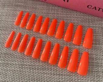 Lange oranje pers op de nagels | Acrylgel kunstnagels, 20 stuks