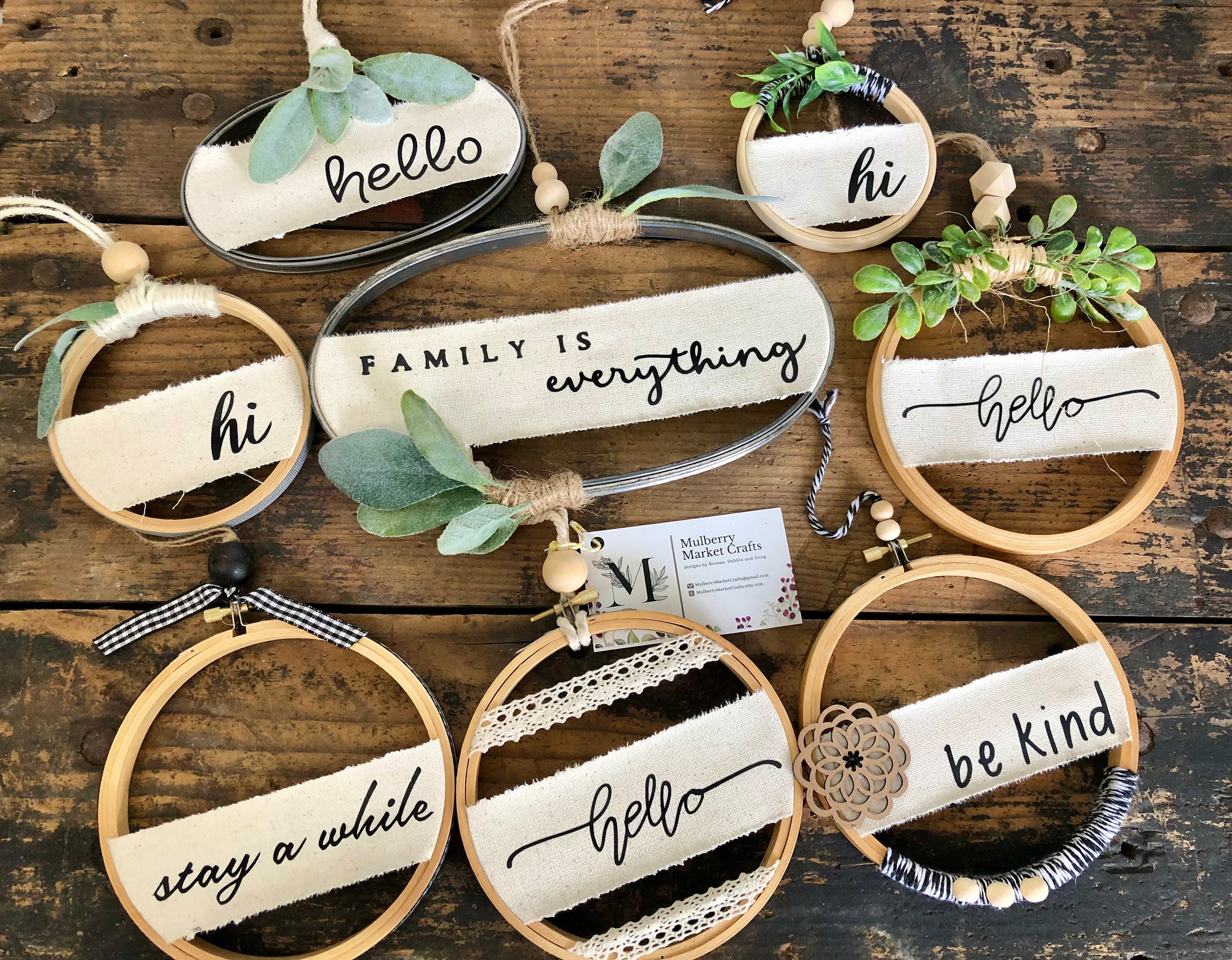Farmhouse Decor, Tiered Tray Decor, Small Hoop Sign, Boho Sign, Farmhouse Mini Signs, Wreath Signs, Mini Wreath, Hello Sign, Hi Sign, Gifts