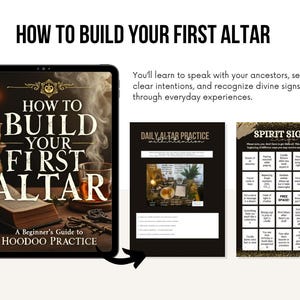 May include: A digital tablet displays the book "How to Build Your First Altar: A Beginner's Guide to Hoodoo Practice." The image includes a lit candle, a book, and other spiritual items. Additional images show "Daily Altar Practice" and "Spirit Signs."