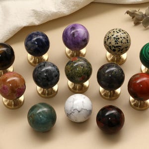 Natural Stone Crystal Ball Knobs with Brass Base – 30mm Green&Tiger Eye Sphere Drawer Pulls, Custom Engraved Minimalist Furniture Handles