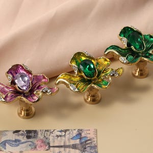 Camellia brass knobs, Vintage crystal floral knob, Custom Engraved brass/crystal drawer pulls, Vintage Baroque wardrobe pull