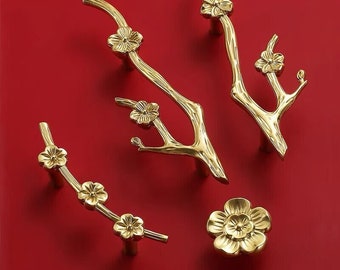 Boutons de branche de fleur en laiton, poignées de tiroir en laiton massif, bouton de garde-robe, bouton de tiroir moderne, poignées de porte, poignées de garde-robe