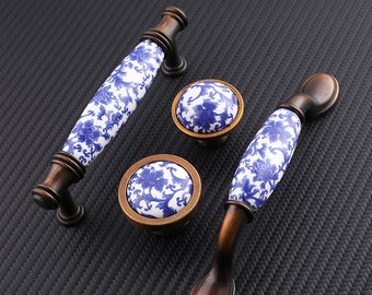 3.75" 5" Ceramic Drawer Door Handles, Blue and white porcelain cabinets bar pulls Knobs Modern Drawer Knob modern furniture hardware