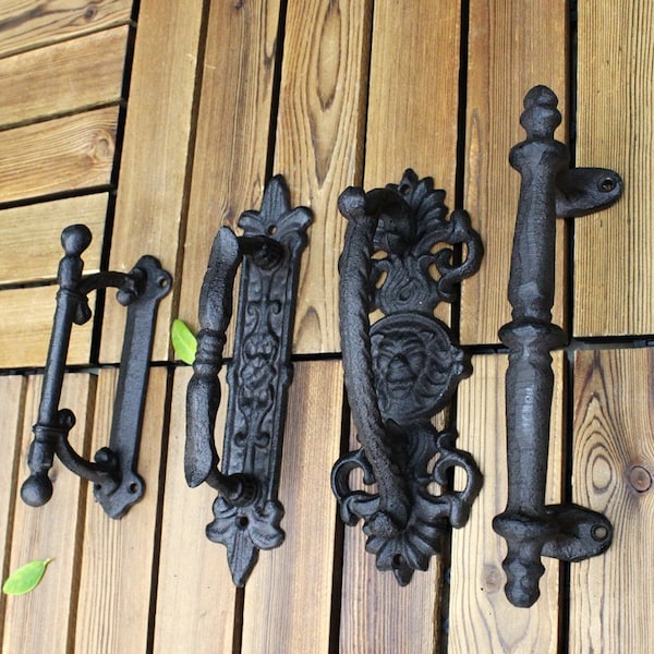 Poignée de porte artisanale rétro classique en fonte de cour de jardin, poignée de porte pastorale sculptée pour décoration de maison, poignée de porte vintage