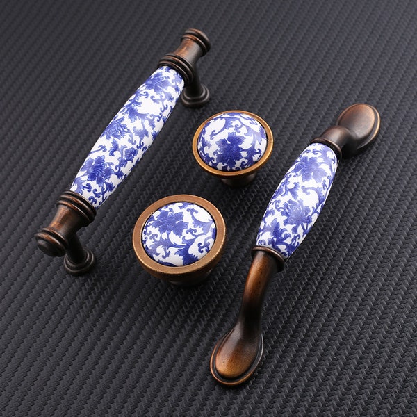 3.75" 5" Ceramic Drawer Door Handles, Blue and white porcelain cabinets bar pulls Knobs Modern Drawer Knob modern furniture hardware