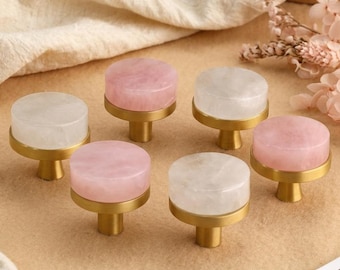Natural Crystal Cabinet Knobs – Rose Quartz & Clear Quartz with Brass Base, Custom Engraved Luxury Home Decor Hardware