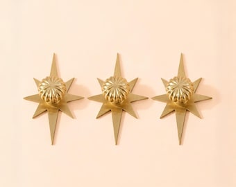 Brass Pumpkin Knob with Star Back Plate, Gold Metal Cabinet Pulls with Radiating Star, Vintage Mid-Century Hardware for Dresser and Cupboard