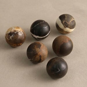 May include: A collection of six smooth, spherical stone objects in varying shades of dark brown, tan, and black. Each sphere features unique natural veining, swirls, and color patterns, with some displaying distinct white or cream-colored mineral streaks.