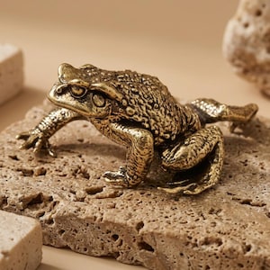 Puede incluir: Una detallada figura de rana de latón con piel texturizada, posada sobre una piedra beige rugosa. La rana está en posición agachada, mostrando sus patas y detalles. El fondo es de un tono suave y neutro.