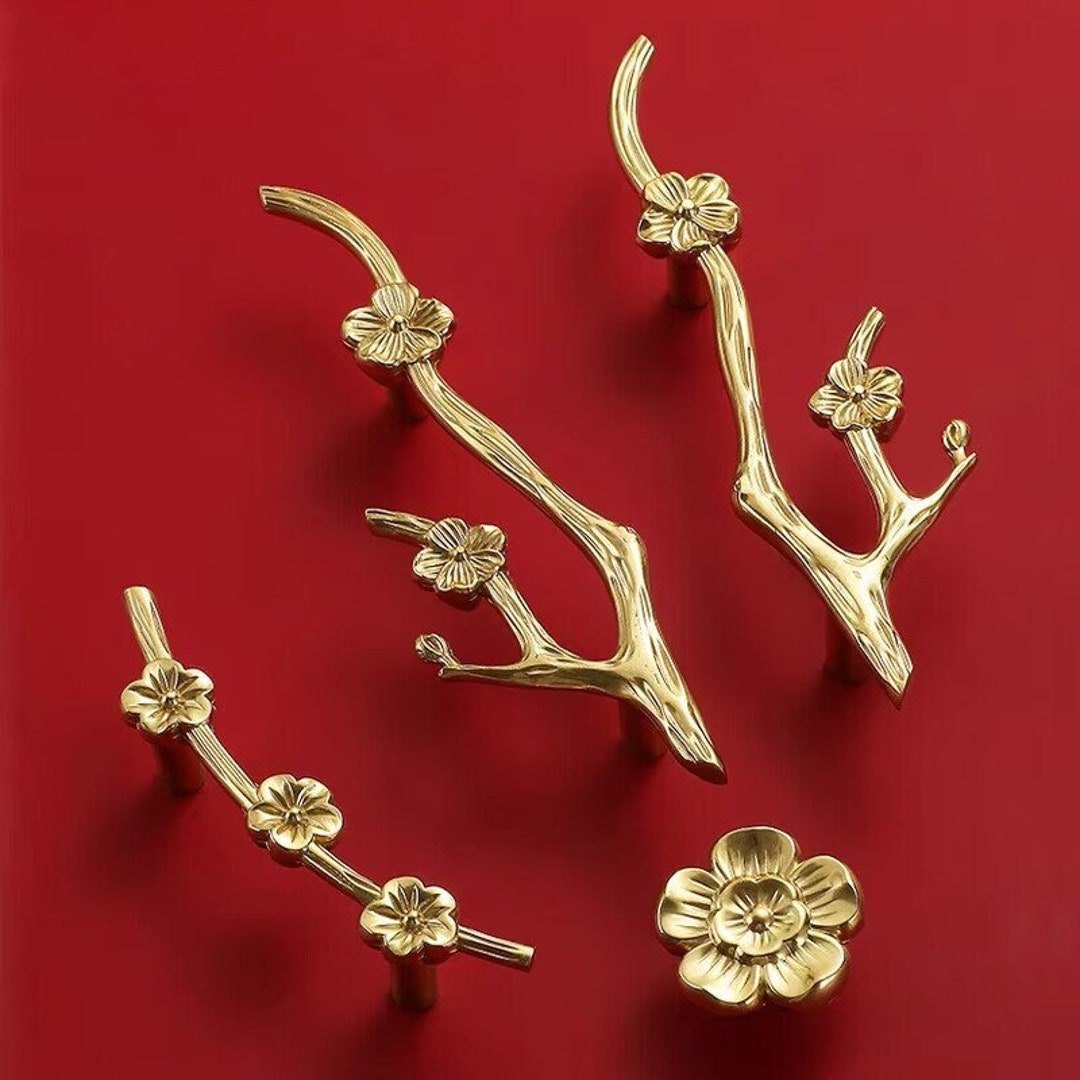 Brass Flower Branch Knobs Pulls, Solid Brass Drawer Pulls, Wardrobe Knob Knobs Modern