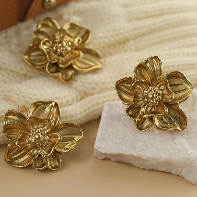 Flower Knobs Gold brass knobs and Pulls, orchid brass drawer pulls, Custom Engraved wardrobe Knob Cabinet Knobs Modern Drawer Knob image 1