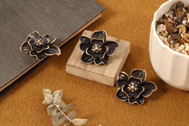 Flower Knobs Gold brass knobs and Pulls, orchid brass drawer pulls, Custom Engraved wardrobe Knob Cabinet Knobs Modern Drawer Knob image 9