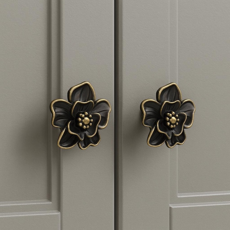 Flower Knobs Gold brass knobs and Pulls, orchid brass drawer pulls, Custom Engraved wardrobe Knob Cabinet Knobs Modern Drawer Knob image 7
