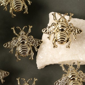 May include: Six gold bee-shaped drawer pulls with a textured surface. The pulls are arranged in a semi-circle on a white and gray background.