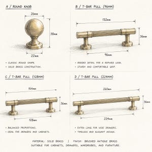 May include: A technical illustration of four brass hardware pieces: a round knob measuring 26mm by 38mm, and three reeded T-bar pulls with lengths of 96mm, 128mm, and 224mm. Each item includes labeled dimensions and text descriptions of their physical features.