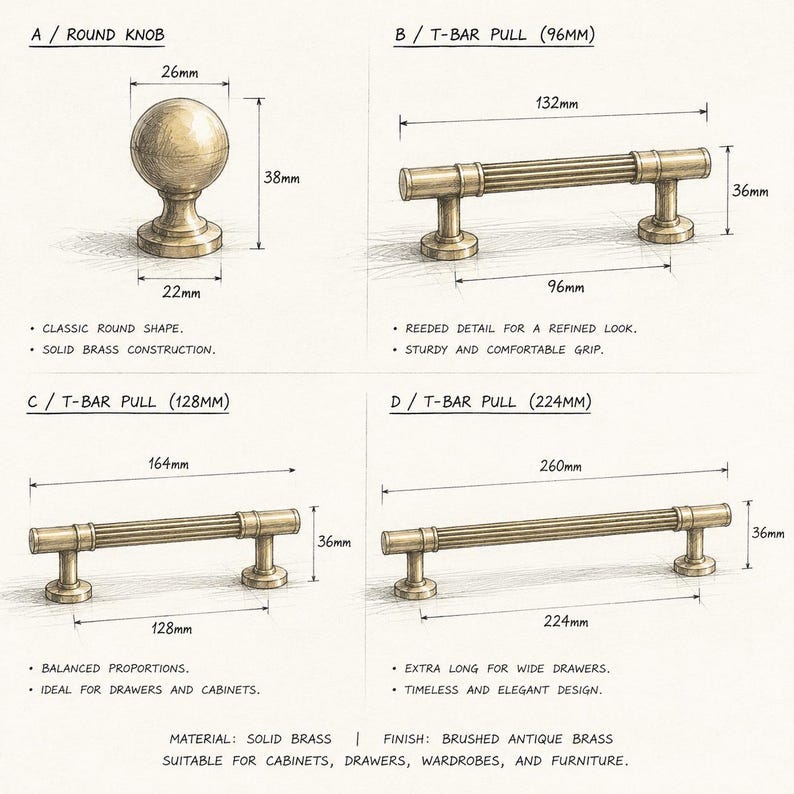 May include: A technical illustration of four brass hardware pieces: a round knob measuring 26mm by 38mm, and three reeded T-bar pulls with lengths of 96mm, 128mm, and 224mm. Each item includes labeled dimensions and text descriptions of their physical features.