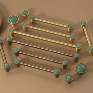 Antique Brass Cabinet Pulls with Natural Green Stone, Brushed Bronze Drawer Handles, Luxury Kitchen Hardware, Marble Knobs Vanity Pulls