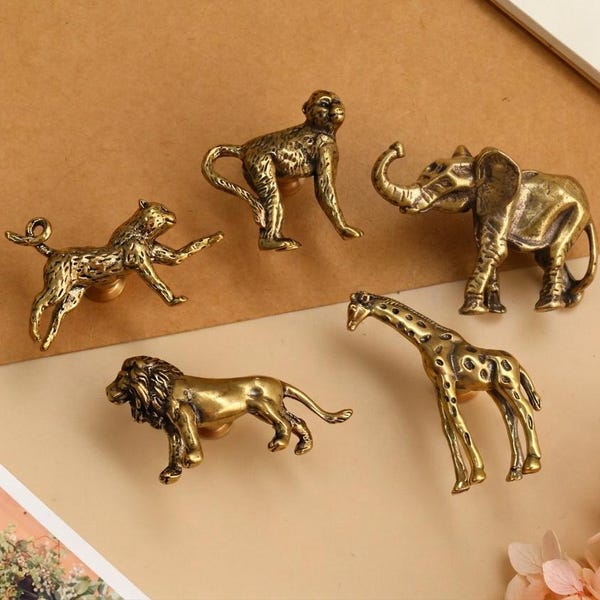 Antique Brass Wildlife Knobs – Set of Elephant, Giraffe & Monkey Cabinet Handles, Custom Engraved Vintage Metal Animal Furniture Pulls