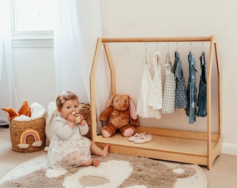 Montessori Clothing Rack with Shelf, Toddler furniture, Nursery storage, Montessori wardrobe, Kindergarderobe, Dress up rack, Kids closet