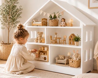 Boekenplank Montessori-poppenhuis voor peuters – houten speelgoedplank voor speelkamers