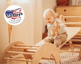 Set of 3 items: foldable Triangle + Arch + Ramp with slide, Climbing Montessori furniture for Toddlers, Wood baby gym