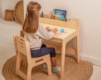 Schreibtisch und Stuhl Set für Kleinkind, Montessori Tisch mit Bücherregal, Kinder Brettspiel Tisch, Schreibtisch mit Schublade, Minimalistische Möbel,