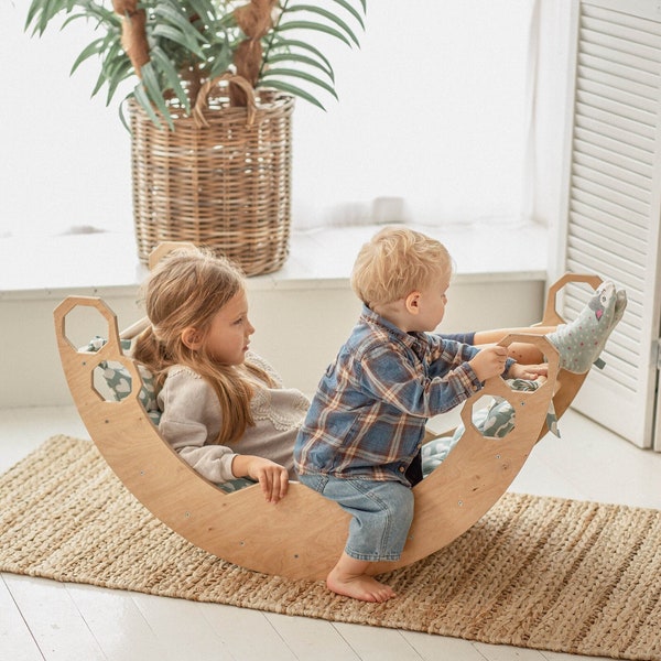 Arche d'escalade avec coussin et rampe, meubles Montessori, coussin à bascule en arche, cadeau de Noël pour tout-petit, tapis de jeu pour chambre d'enfant, salle de sport pour bébé en bois