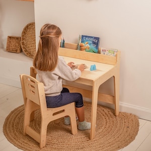 Desk and chair set for toddler, Montessori table with bookshelf, Kids board game table, Desk with drawer, Minimalist furniture,