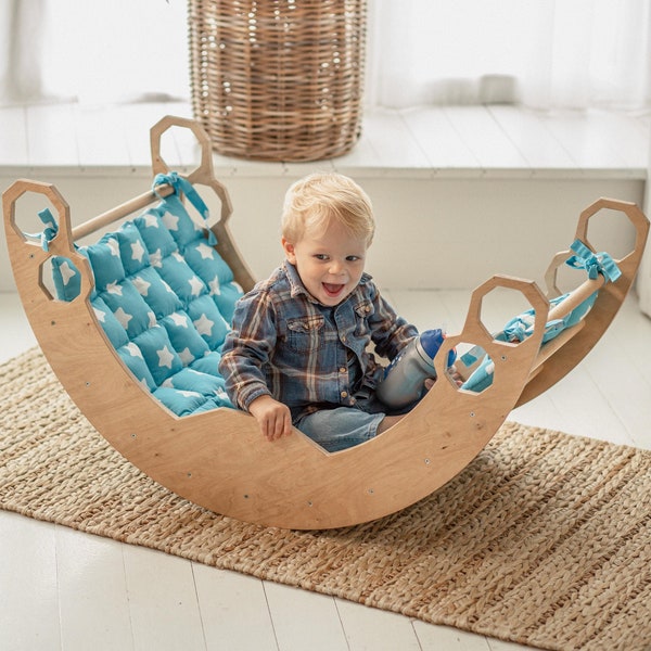 Unique baby gift - Montessori rocker with Cushion, Climbing Arch + pillow, Montessori toys, Toddler gift personalize toy for 1 year old